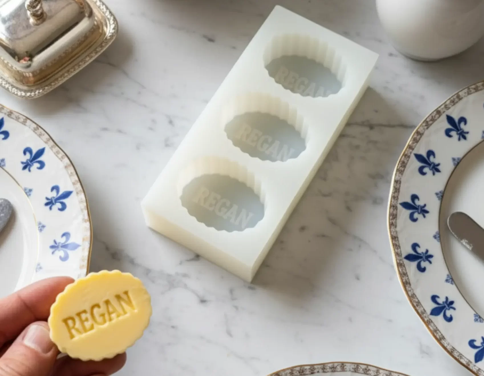 Molde de silicona personalizado para mantequilla con logo, fabricado a medida para chefs, hoteles y marcas gourmet.