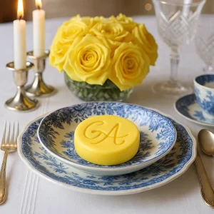 Mantequilla personalizada con logo servida en plato de mesa para boda o evento, creada con molde de silicona profesional para catering y celebraciones.