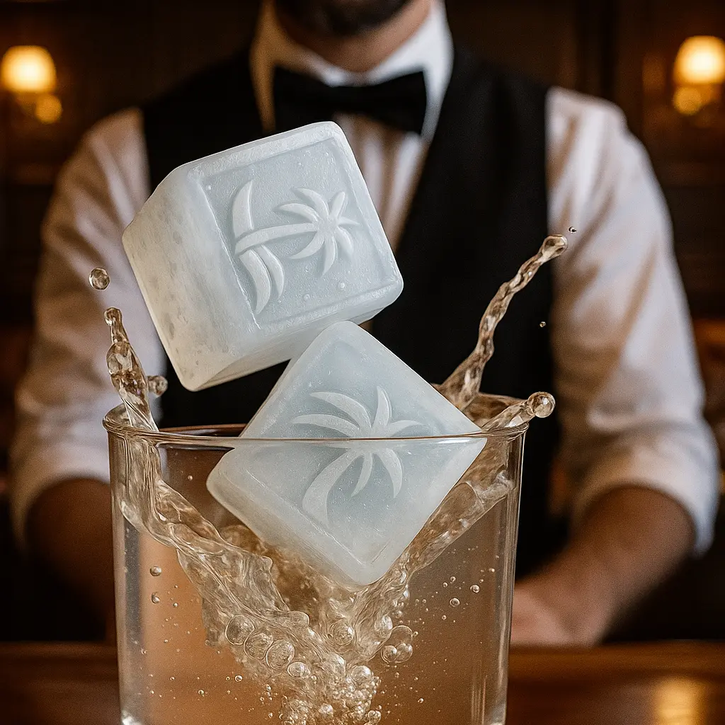 Molde de silicona profesional para hielo personalizado con logotipo, ideal para coctelería y eventos premium.