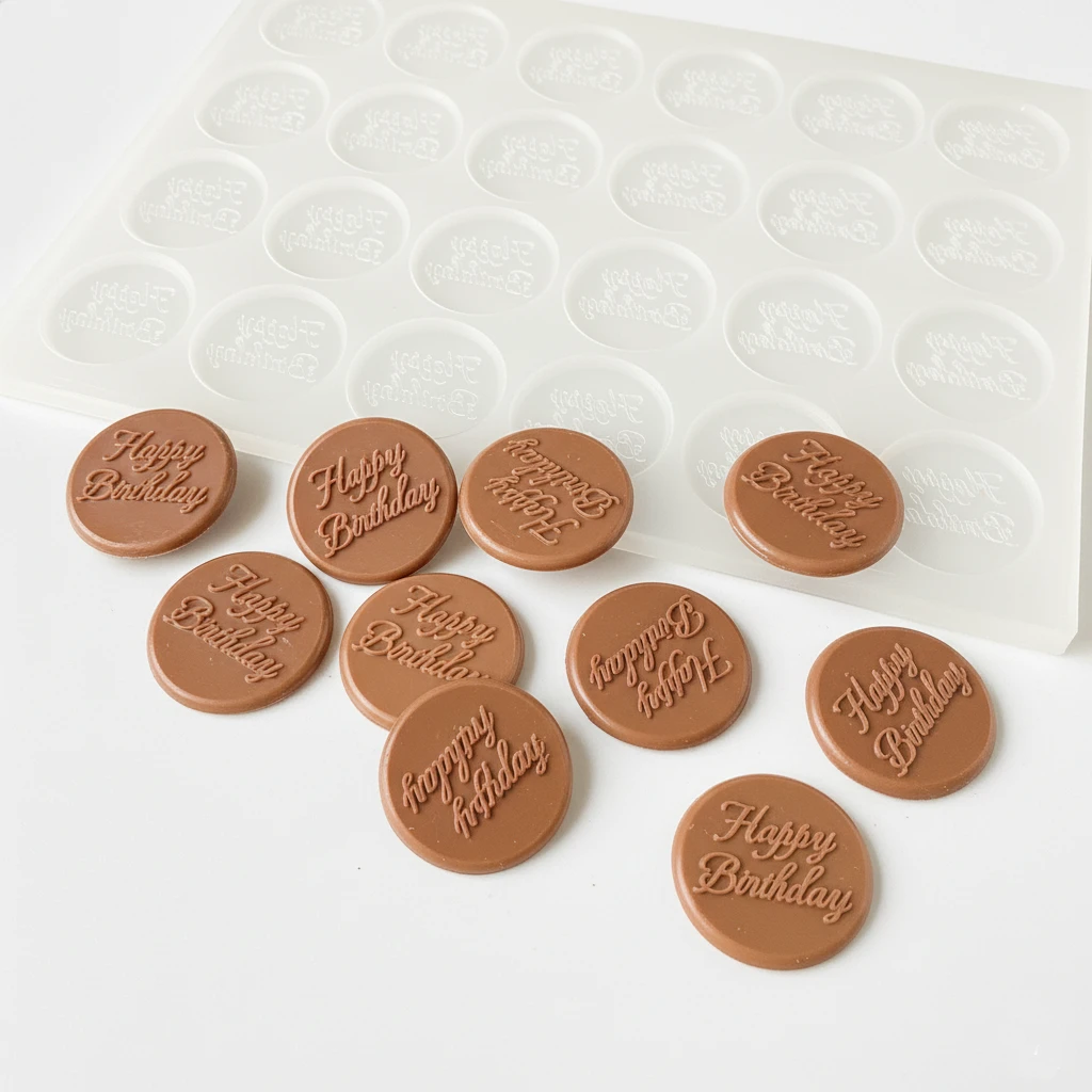Molde de silicona personalizado para chocolate con logo, 24 cavidades Ø40 x 3 mm, fabricación profesional para chefs, marcas y eventos